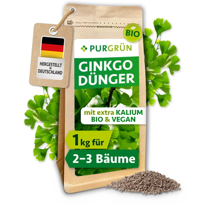Purgrün Bio-Ginkgo-Dünger im 1-kg-Standbeutel mit Ginkgoblättern und Granulat, ausreichend für ca. 2–3 Ginkgobäume.