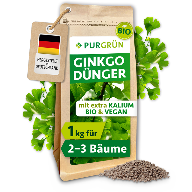Purgrün Bio-Ginkgo-Dünger im 1-kg-Standbeutel mit Ginkgoblättern und Granulat, ausreichend für ca. 2–3 Ginkgobäume.