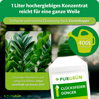 1 Liter Konzentrat reicht für ca. 400 Liter Gießwasser; die Dosierkappe ermöglicht eine einfache und sichere Dosierung.