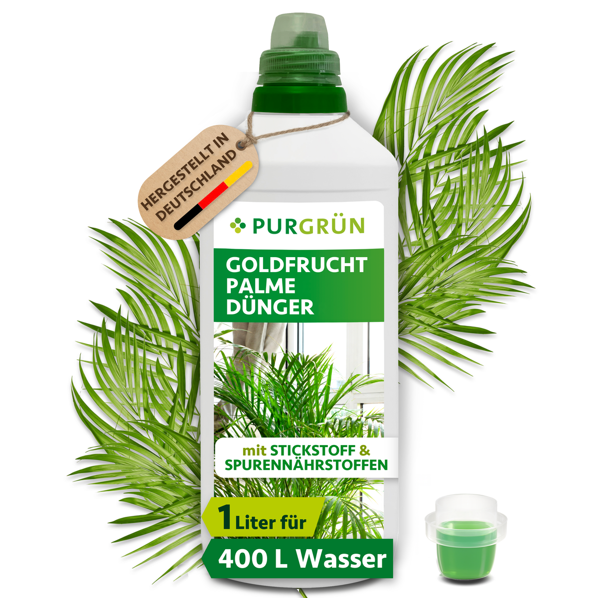 Purgrün Goldfruchtpalme-Dünger in der 1-Liter-Flasche mit Dosierkappe, ausreichend für ca. 400 Liter Gießwasser.