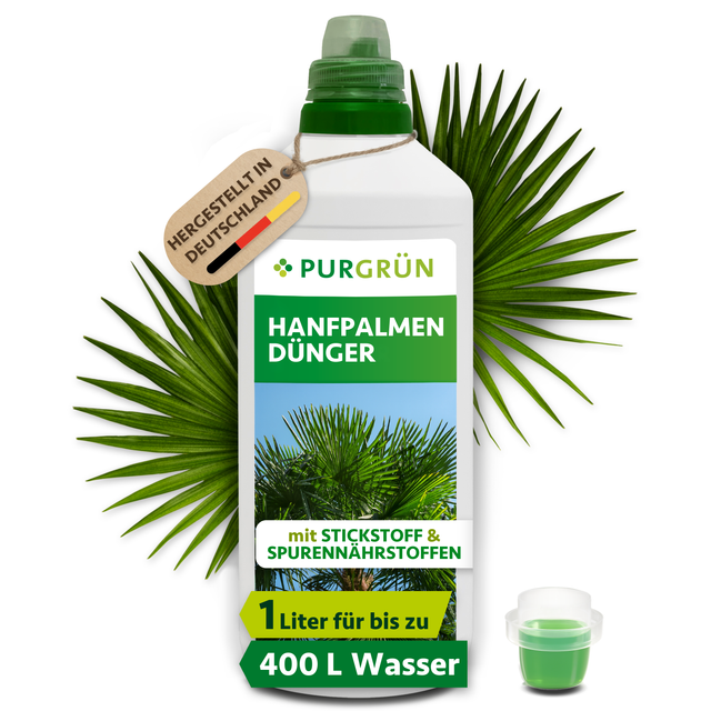 Purgrün Hanfpalmen-Dünger, 1 Liter, mit Dosierkappe für bis zu 400 Liter Gießwasser.