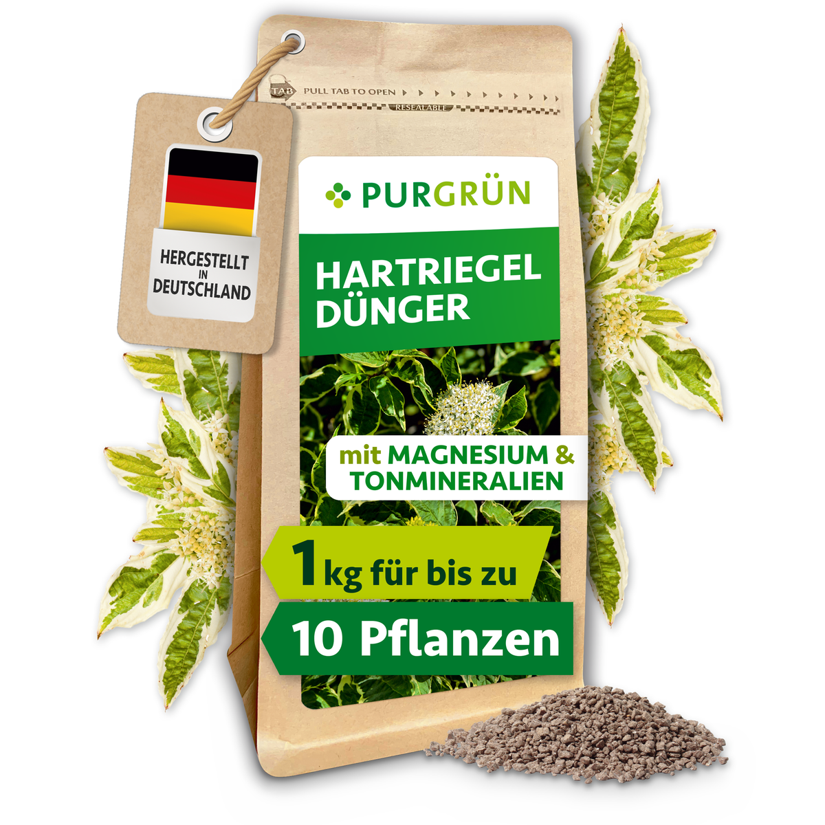 Purgrün Hartriegel-Dünger, 1 kg, im wiederverschließbaren Kraftpapierbeutel mit Hartriegelblüten und sichtbarem Krümelgranulat.
