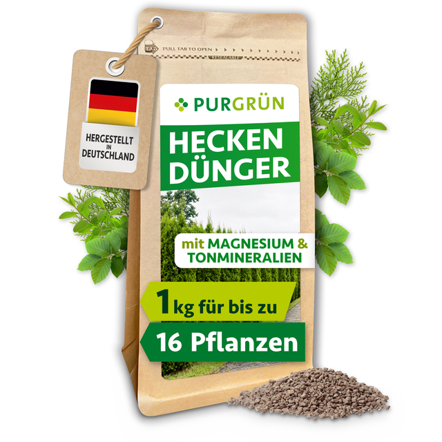 Purgrün Heckendünger im 1-kg-Beutel mit Magnesium und Tonmineralien, ausreichend für bis zu 16 Heckenpflanzen.