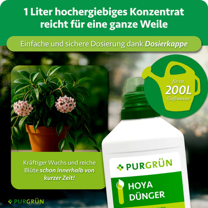 Ein Liter Konzentrat reicht für ca. 200 Liter Gießwasser und lässt sich mit der Dosierkappe einfach und sicher dosieren.