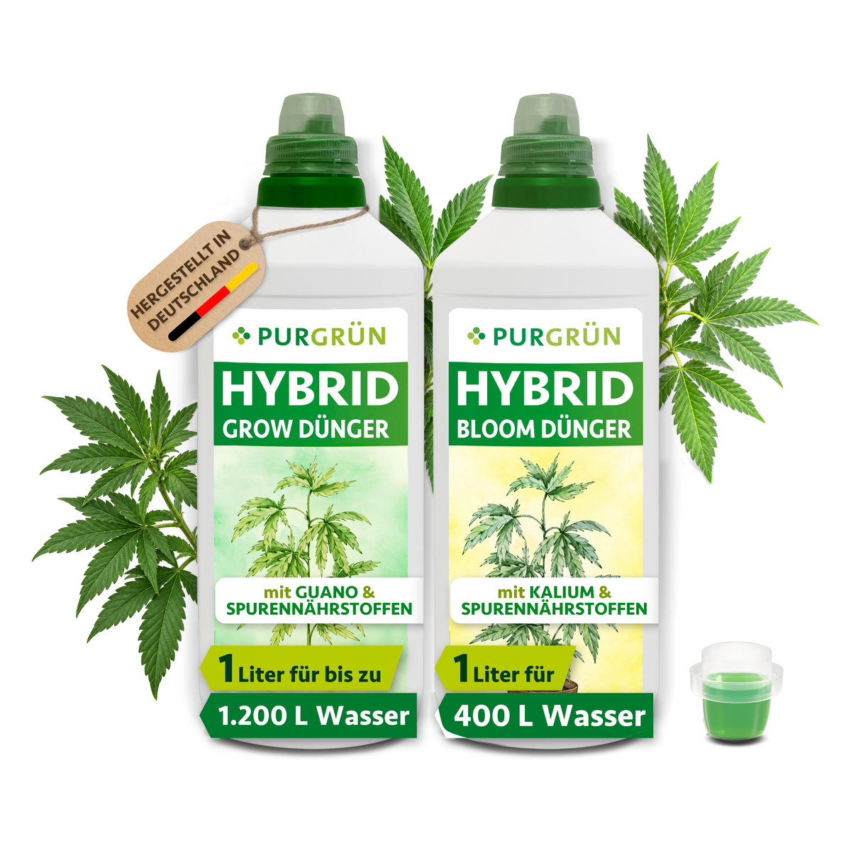 Purgrün Hybrid-Dünger-Set mit je 1 Liter Grow- und Bloom-Dünger, Dosierkappen und Cannabisblättern.