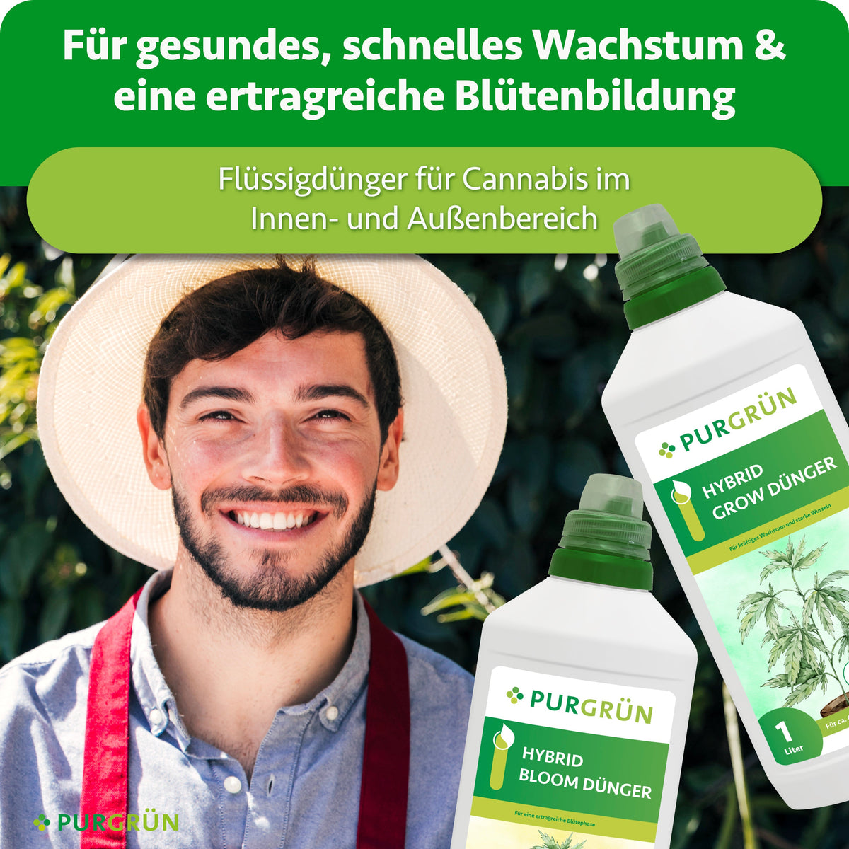 Grow- und Bloom-Flüssigdünger für Cannabis im Innen- und Außenbereich, beworben für gesundes, schnelles Wachstum und ertragreiche Blütenbildung.