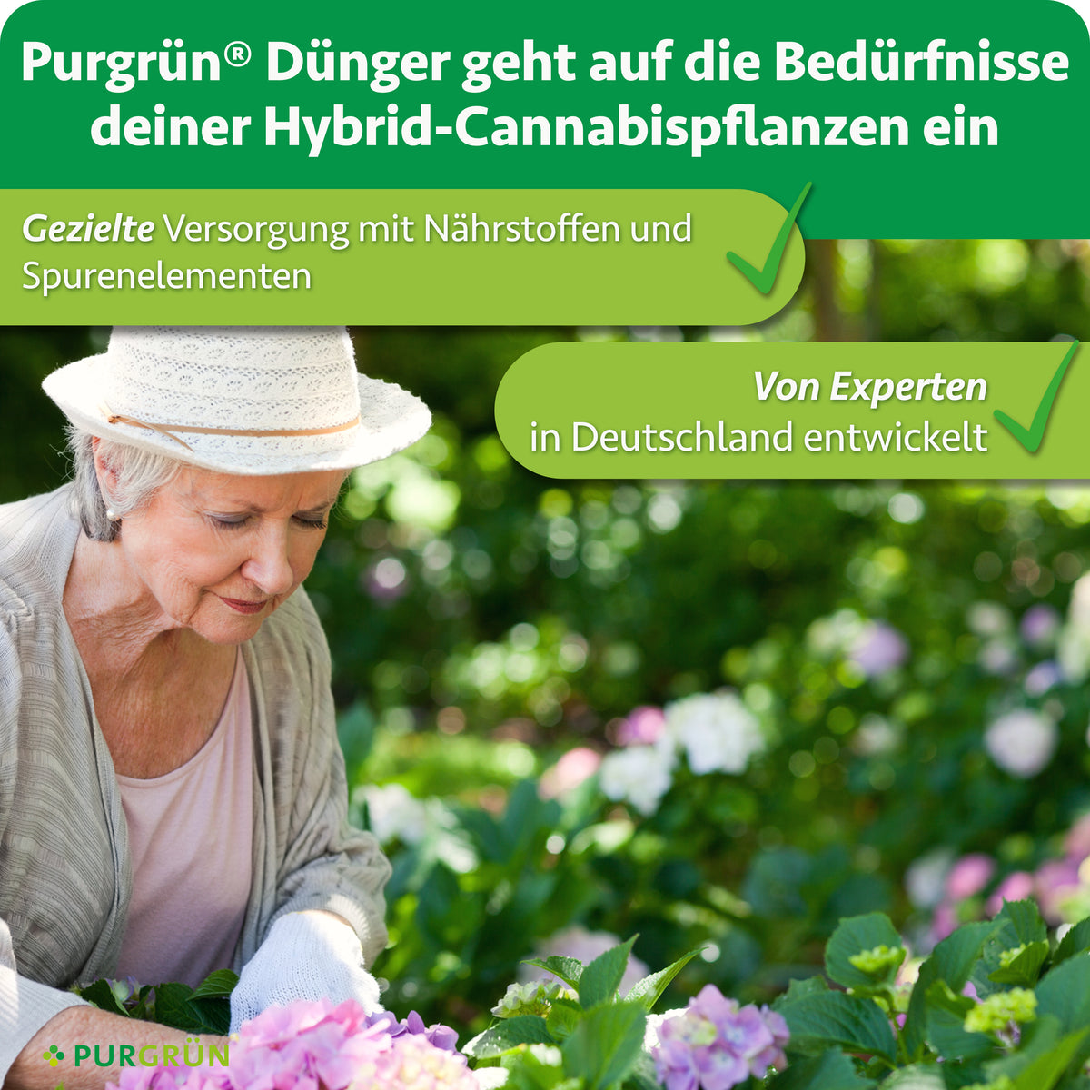 Purgrün Hybrid-Grow-Dünger: gezielte Versorgung mit Nährstoffen und Spurenelementen, von Experten in Deutschland entwickelt.