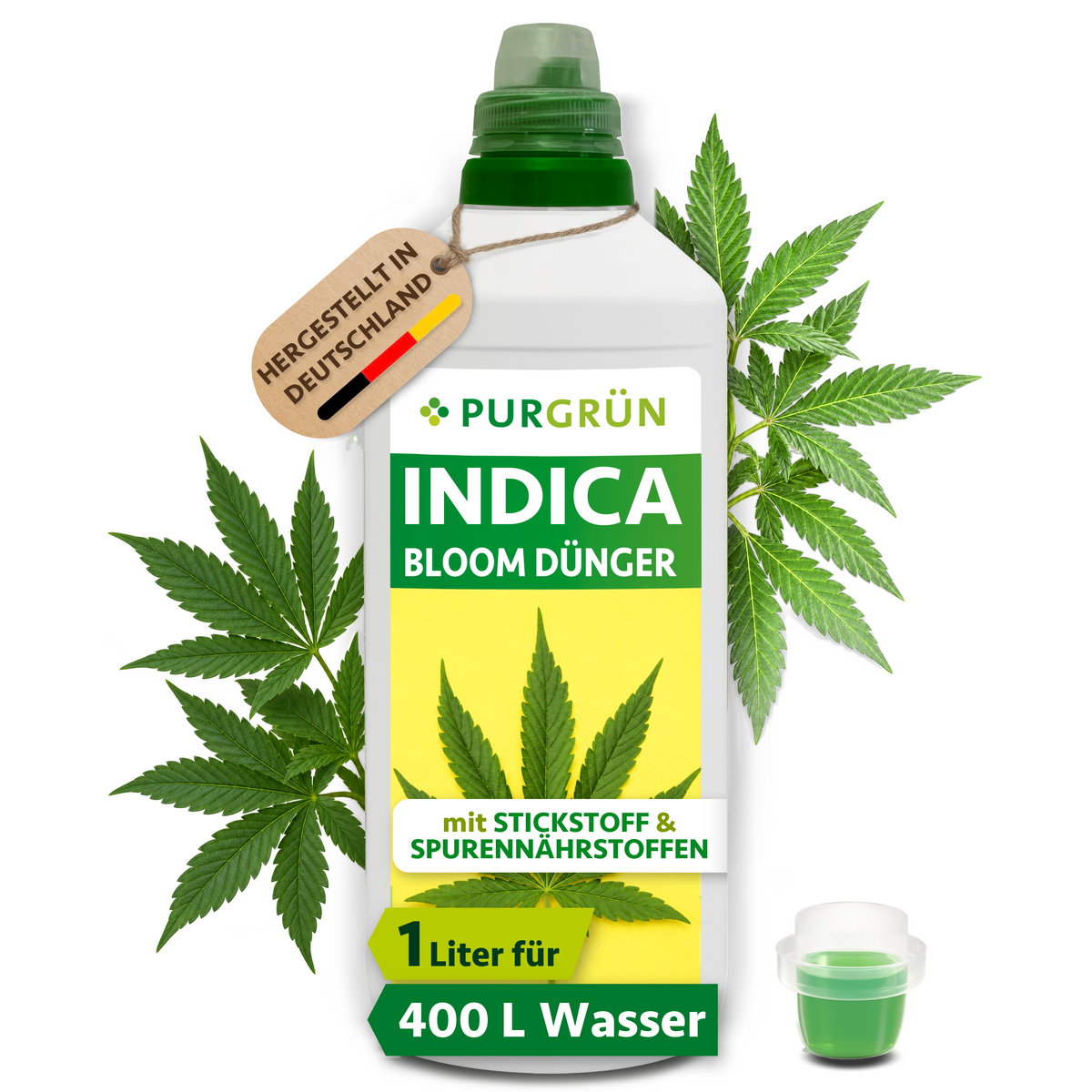 Purgrün Indica-Bloom-Dünger in der 1-Liter-Flasche mit Dosierkappe; das Konzentrat reicht laut Etikett für ca. 400 Liter Gießwasser.