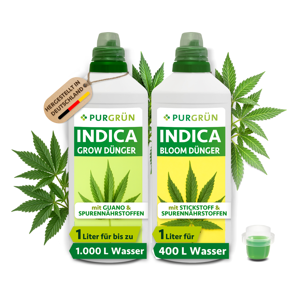 Indica-Dünger-Set mit je 1 Liter Grow- und Bloom-Dünger, beide Flaschen mit Dosierkappe.