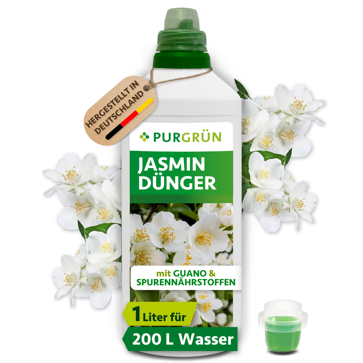 Purgrün Jasmin-Dünger in der 1-Liter-Flasche mit Dosierkappe, umgeben von weißen Jasminblüten.