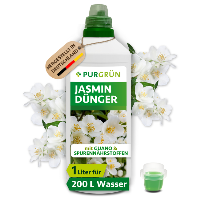 Purgrün Jasmin-Dünger in der 1-Liter-Flasche mit Dosierkappe, umgeben von weißen Jasminblüten.