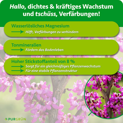 Wasserlösliches Magnesium hilft, Verfärbungen zu verhindern, Tonmineralien fördern das Bodenleben und 8 % Stickstoff unterstützen gleichmäßiges Wachstum und eine stabile Pflanzenstruktur.