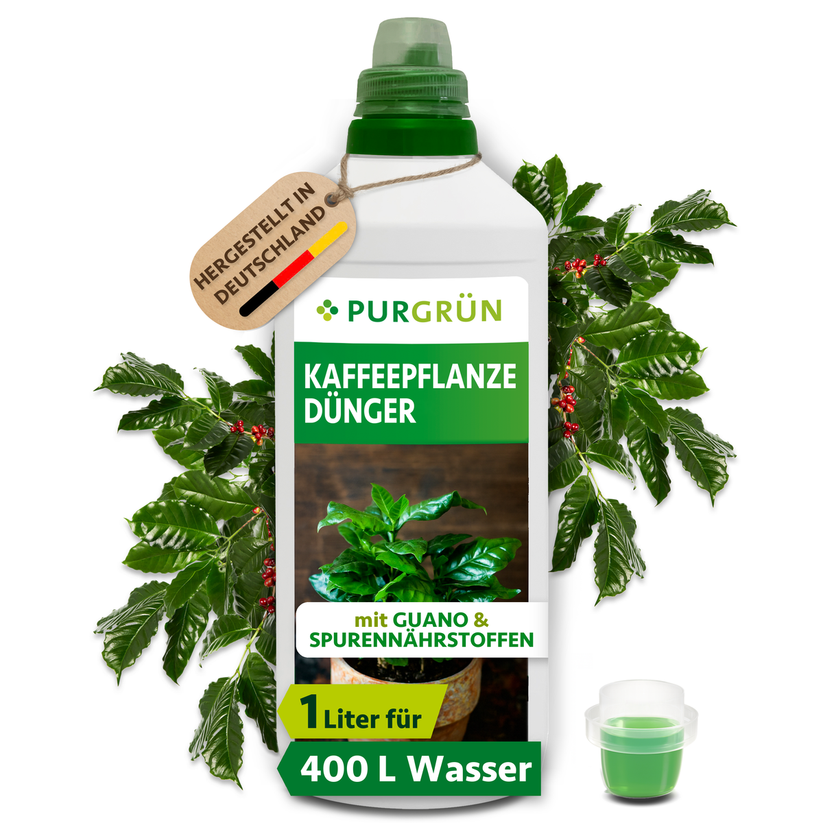 Purgrün Kaffeepflanze-Dünger, 1 Liter, mit Dosierkappe; das Konzentrat reicht für ca. 400 Liter Gießwasser.