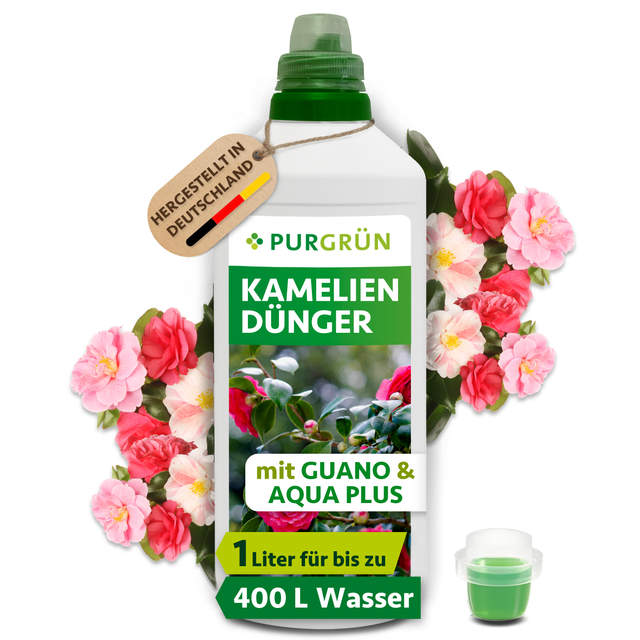 Purgrün Kameliendünger in der 1-Liter-Flasche mit Dosierkappe, Guano und Aqua Plus; reicht für bis zu 400 Liter Gießwasser.