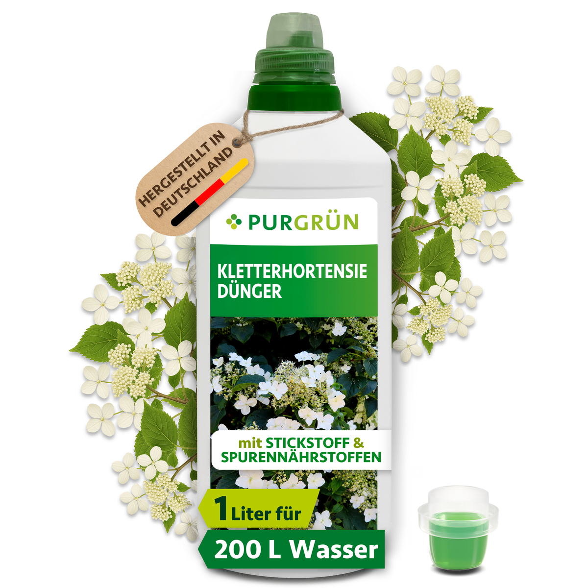 Purgrün Kletterhortensie-Dünger, 1 Liter, mit Dosierkappe; Konzentrat für ca. 200 Liter Gießwasser.
