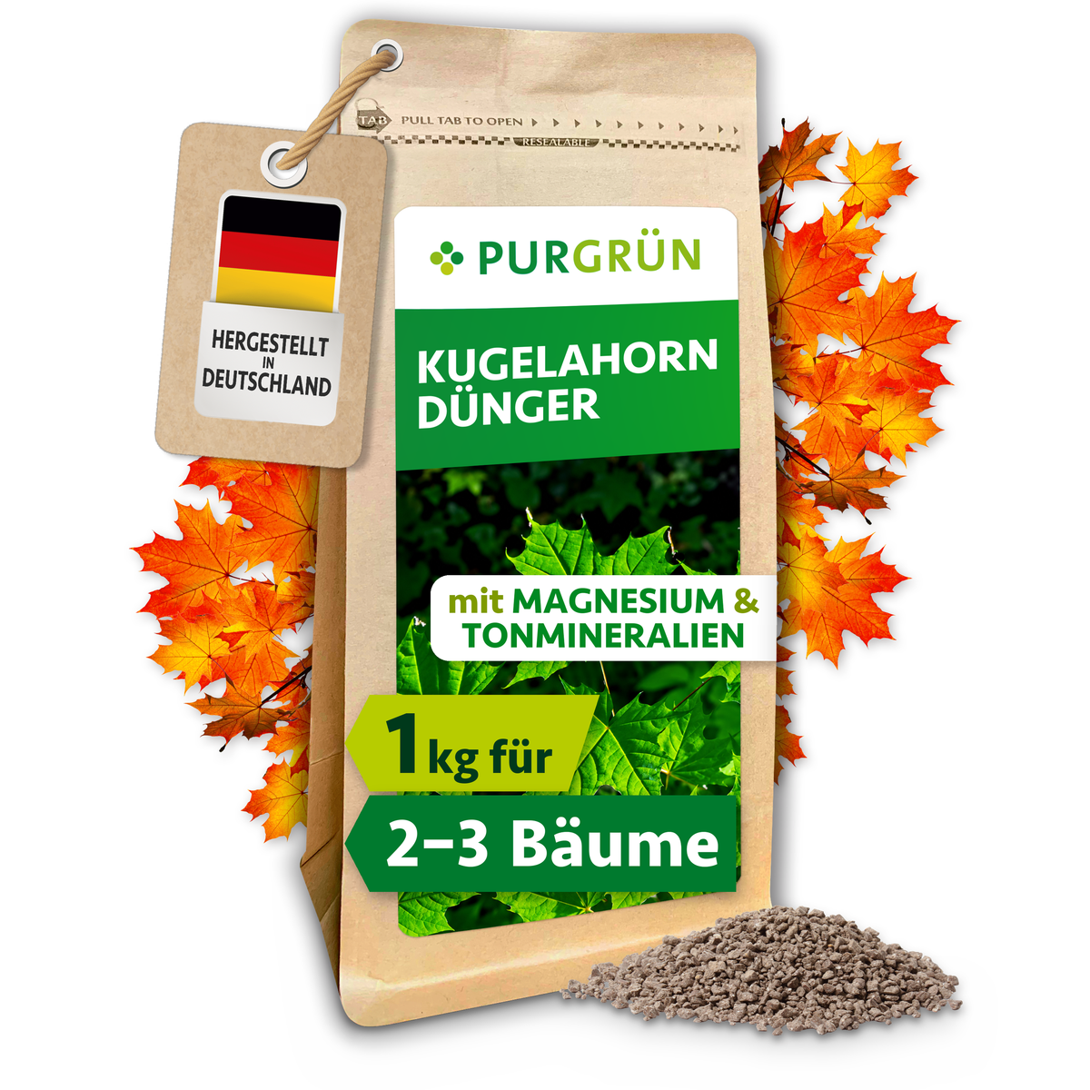 Purgrün Kugelahorn-Dünger im 1-kg-Beutel, mit Magnesium und Tonmineralien für ca. 2–3 Kugelahorne; daneben Granulat und Herbstlaub.