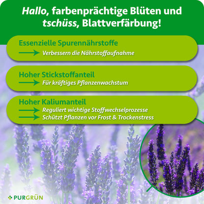 Essenzielle Spurennährstoffe verbessern die Nährstoffaufnahme, ein hoher Stickstoffanteil fördert kräftiges Wachstum und ein hoher Kaliumanteil reguliert Stoffwechselprozesse und schützt vor Frost- und Trockenstress.