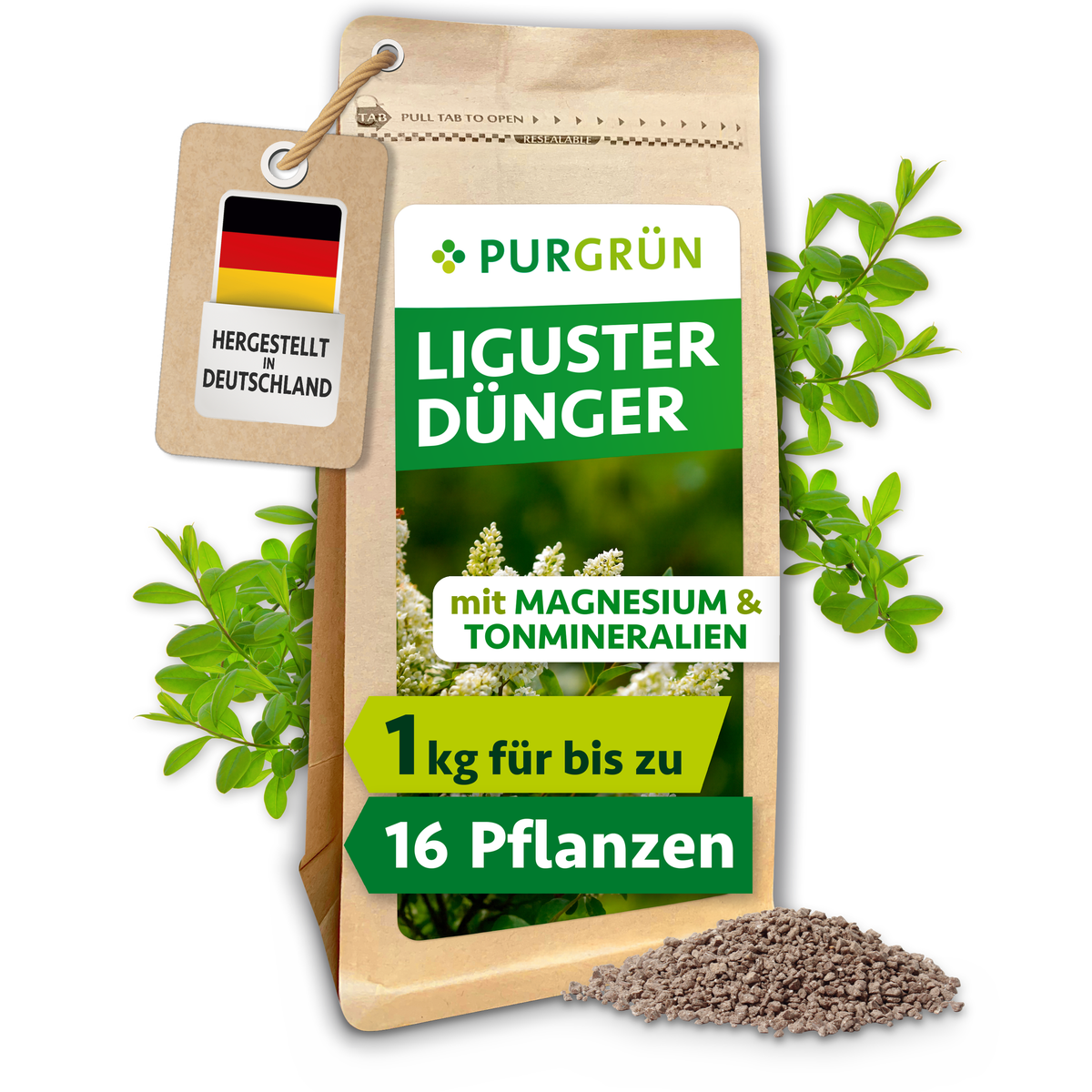 Purgrün Liguster-Dünger, 1 kg, im wiederverschließbaren Kraftpapierbeutel neben Granulat und Ligusterzweigen.