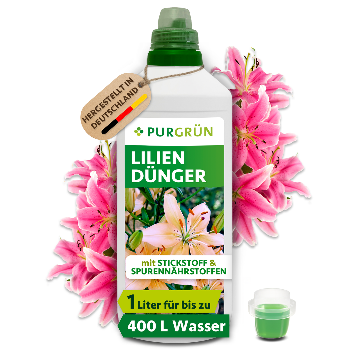 Purgrün Lilien-Dünger in der 1-Liter-Flasche mit Dosierkappe und pinken Lilien; reicht für bis zu 400 Liter Gießwasser.