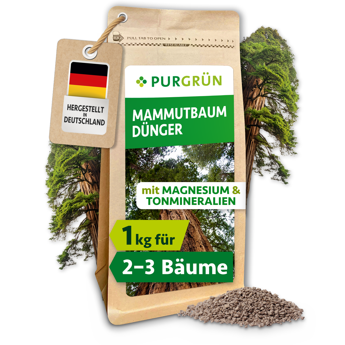 Purgrün Mammutbaum-Dünger im 1-kg-Beutel für ca. 2–3 Mammutbäume, mit Magnesium und Tonmineralien.
