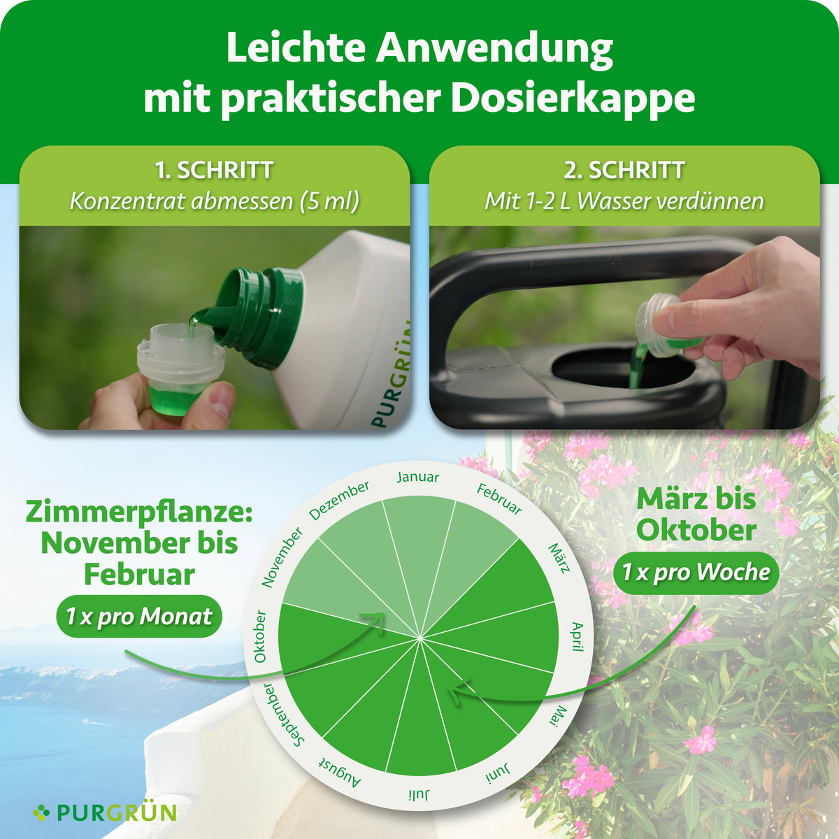 Anwendung: 5 ml Konzentrat abmessen und mit 1–2 Litern Wasser verdünnen; von März bis Oktober einmal pro Woche, bei Zimmerpflanzen von November bis Februar einmal pro Monat düngen.