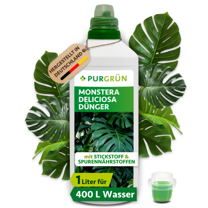 Purgrün Monstera-Deliciosa-Dünger im 1-Liter-Gebinde mit Dosierkappe, ausreichend für ca. 400 Liter Gießwasser.