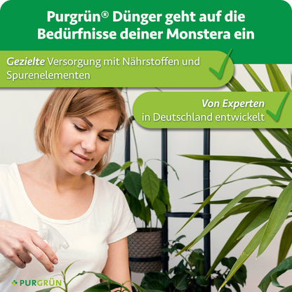 Purgrün Monstera-Dünger: gezielte Versorgung mit Nährstoffen und Spurenelementen, von Experten in Deutschland entwickelt.