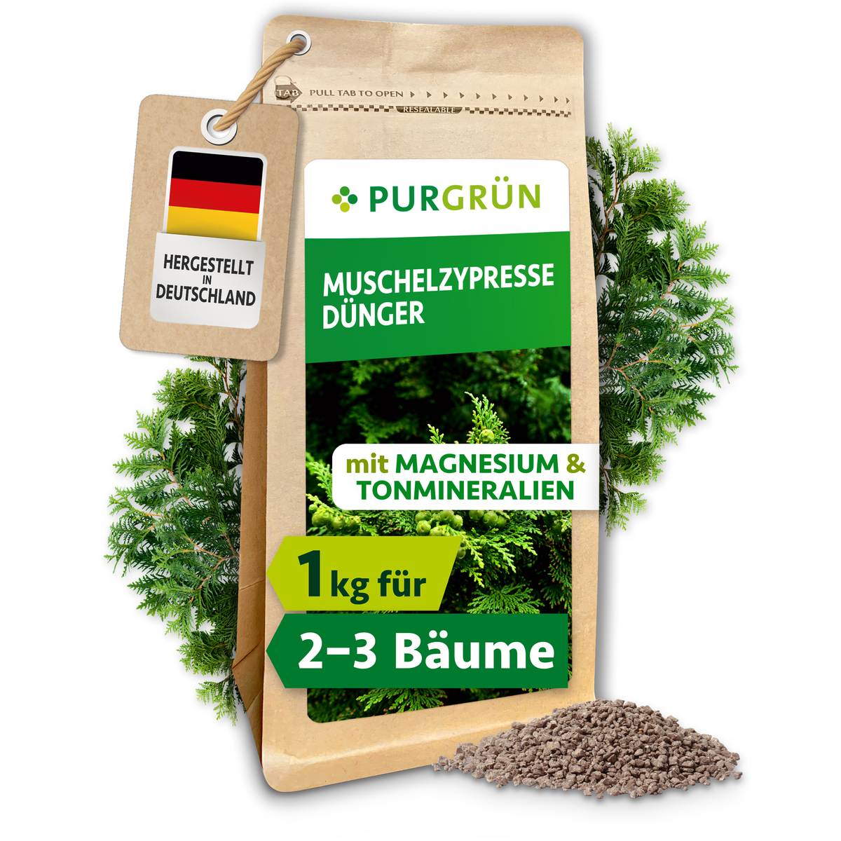 Purgrün Muschelzypresse-Dünger im 1-kg-Beutel mit feinem Granulat und grünen Muschelzypressenzweigen; ausreichend für ca. 2–3 Muschelzypressen.