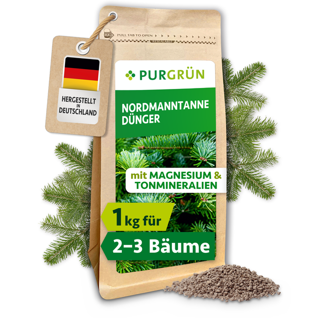 Purgrün Nordmanntanne-Dünger im 1-kg-Beutel mit Magnesium und Tonmineralien, umgeben von Tannenzweigen und Granulat.