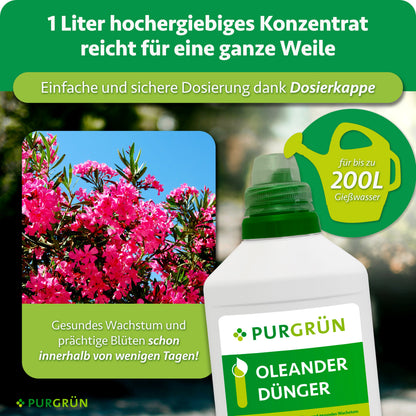 Eine Flasche Purgrün Oleander-Dünger 1 Liter steht vor blühenden rosa Oleanderblüten. Der Text hebt die konzentrierte Formel, die einfache Dosierung, die optimale Pflege und bis zu 200 Liter Lösung für üppige Blüten hervor.