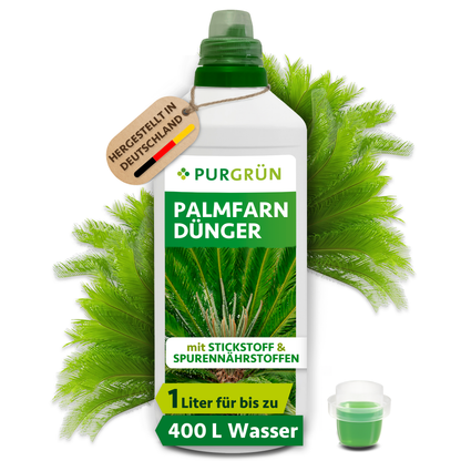 Purgrün Palmfarn-Dünger in der 1-Liter-Flasche mit Dosierkappe; das Konzentrat reicht für bis zu 400 Liter Gießwasser.