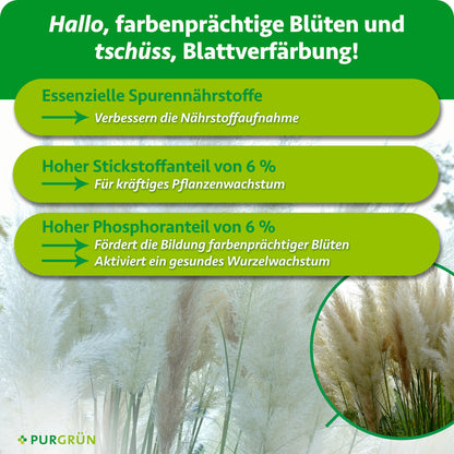 Spurennährstoffe verbessern die Nährstoffaufnahme; 6 % Stickstoff unterstützen kräftiges Wachstum, 6 % Phosphor die Blüten- und Wurzelbildung.