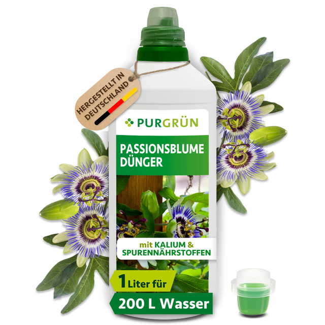 1-Liter-Flasche Purgrün Passionsblume-Dünger mit Dosierkappe und Passionsblüten; reicht für ca. 200 Liter Gießwasser.
