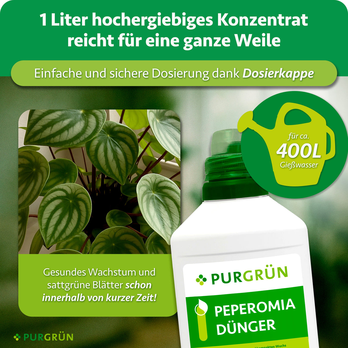 Ein Liter Konzentrat reicht für ca. 400 Liter Gießwasser und lässt sich mit der Dosierkappe einfach und sicher dosieren.