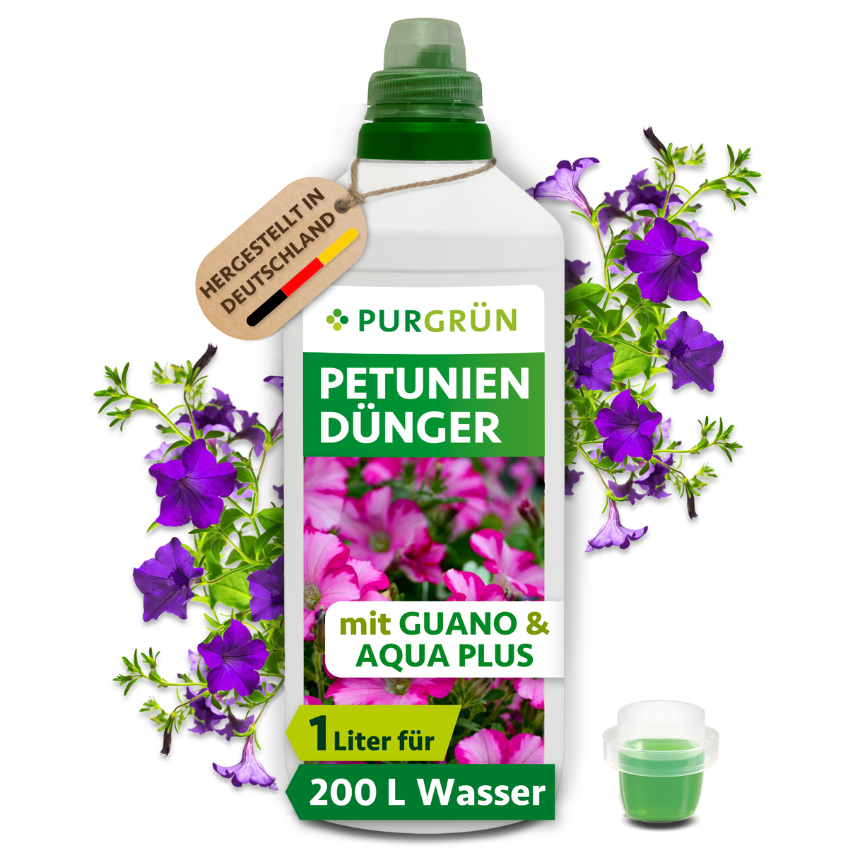 Purgrün Petuniendünger, 1 Liter, mit Dosierkappe; Konzentrat für ca. 200 Liter Gießwasser.