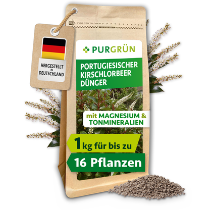 Standbeutel Portugiesischer-Kirschlorbeer-Dünger, 1 kg, mit Magnesium und Tonmineralien, vor blühendem Kirschlorbeer und feinem Granulat.