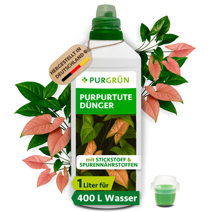 Purgrün Purpurtute-Dünger in der 1-Liter-Flasche mit Dosierkappe, umgeben von Purpurtute-Blättern und mit Anhänger „Hergestellt in Deutschland“.