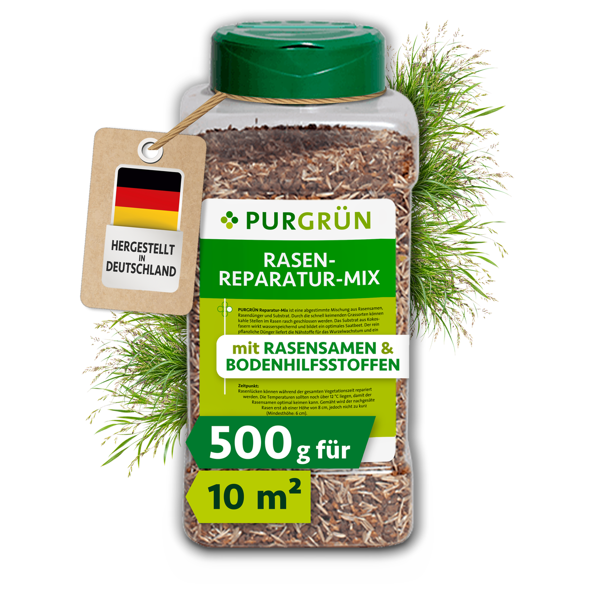 Purgrün Rasen-Reparatur-Mix, 500 g, in transparenter Streudose mit grünem Deckel; mit Rasensamen und Bodenhilfsstoffen für ca. 10 m².