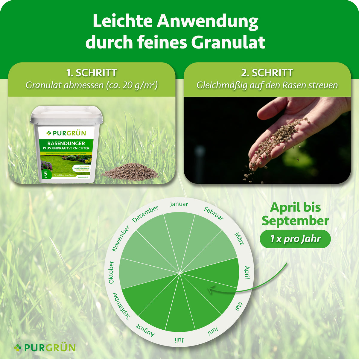 Anwendung: ca. 20 g/m² Granulat abmessen und gleichmäßig auf den Rasen streuen. Einmal pro Jahr von April bis September anwenden.