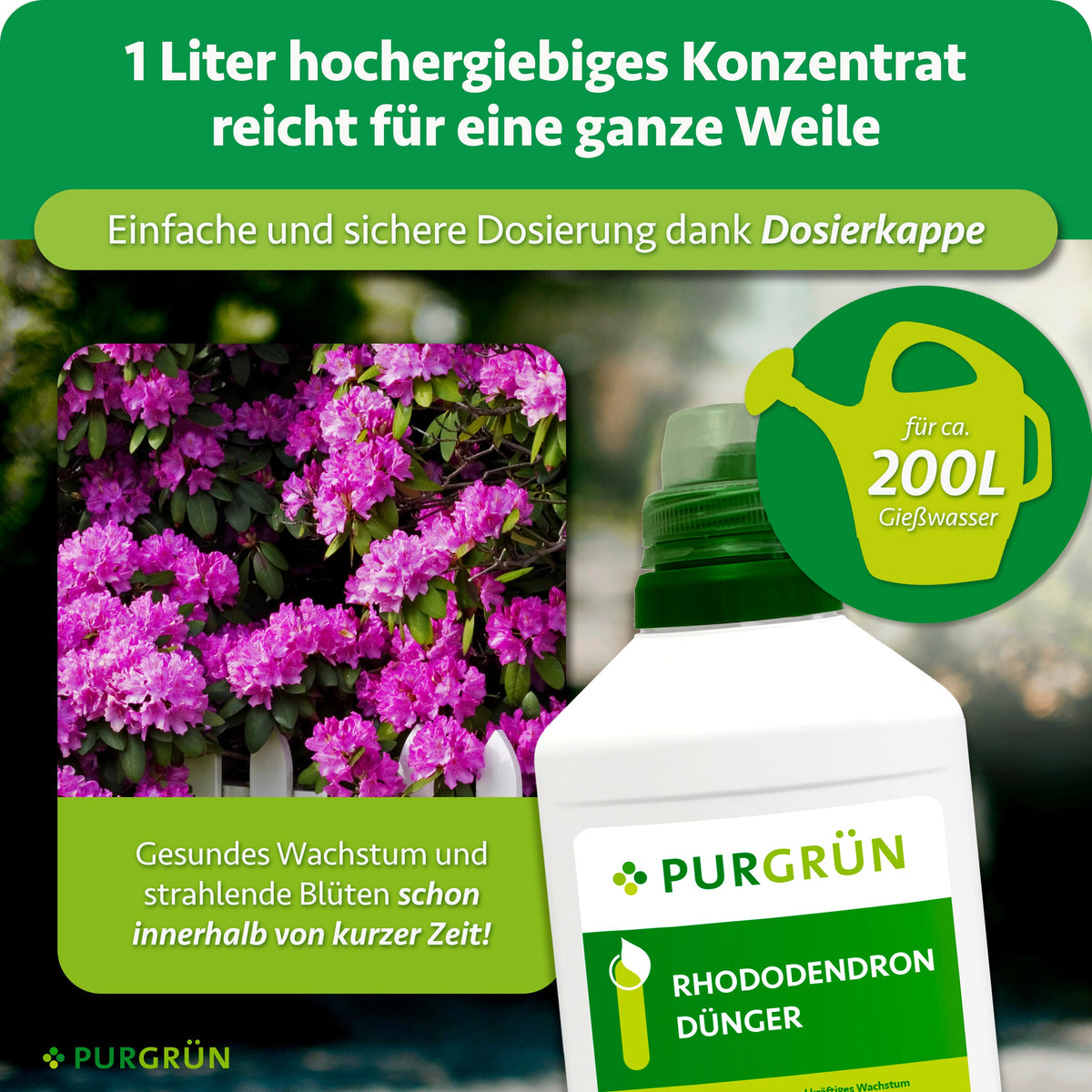 Ein Liter Konzentrat reicht für ca. 200 Liter Gießwasser; die Dosierkappe ermöglicht eine einfache und sichere Dosierung.