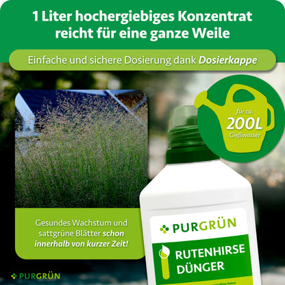 Ein Liter Rutenhirse-Dünger-Konzentrat reicht für ca. 200 Liter Gießwasser und lässt sich mit der Dosierkappe abmessen.