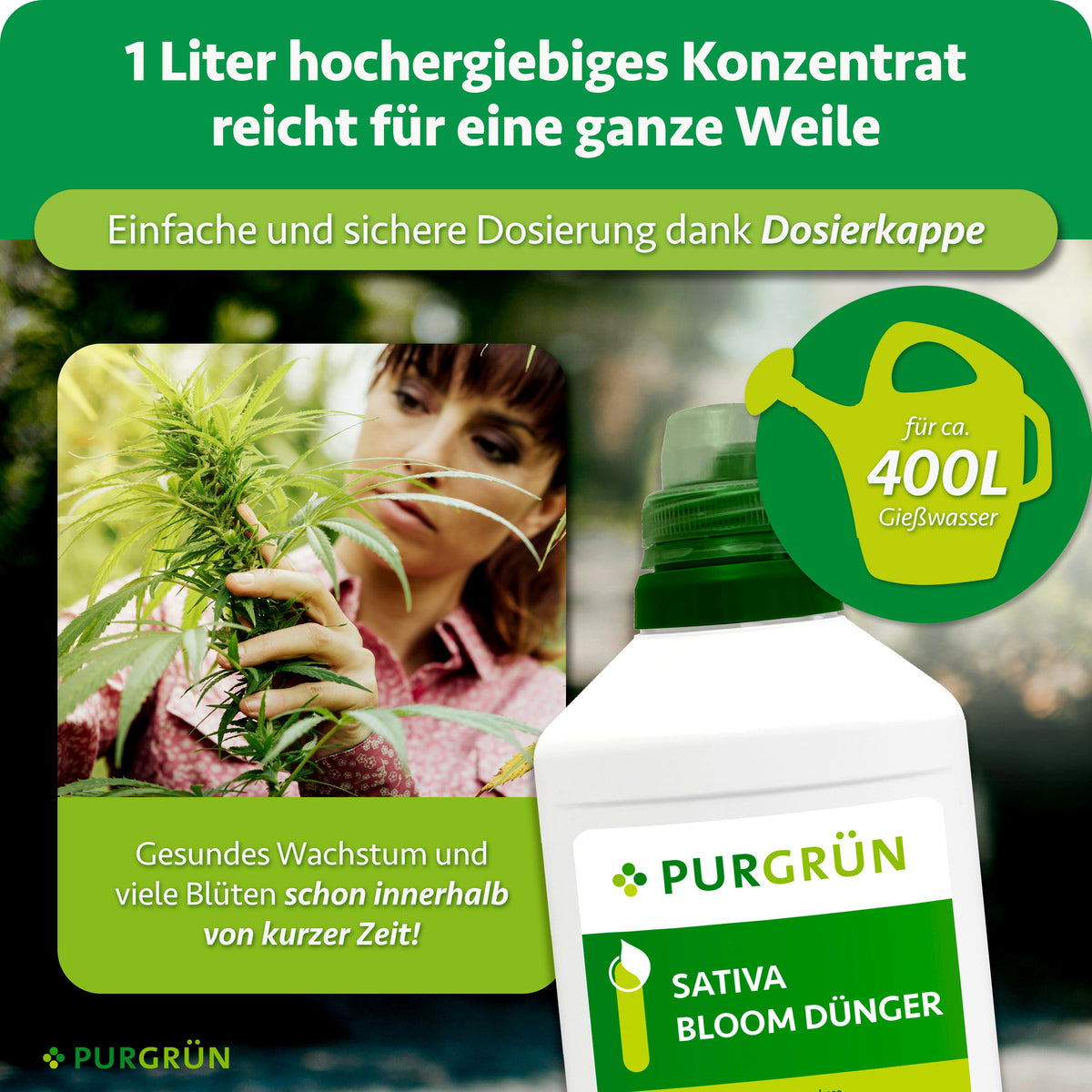 Ein Liter hochergiebiges Konzentrat mit Dosierkappe reicht für ca. 400 Liter Gießwasser.
