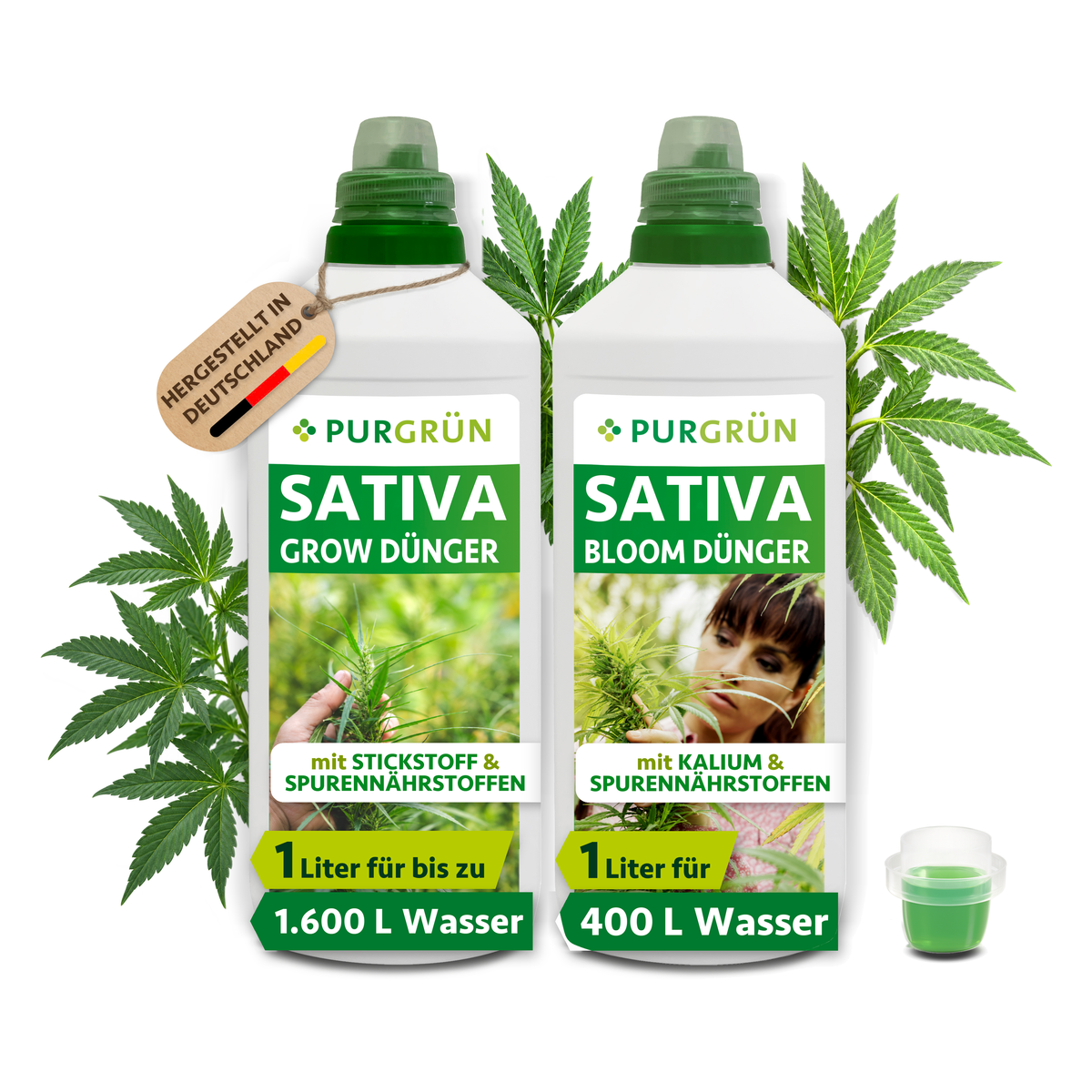 Sativa-Dünger-Set mit je 1 Liter Grow- und Bloom-Dünger in weißen Flaschen mit Dosierkappen.