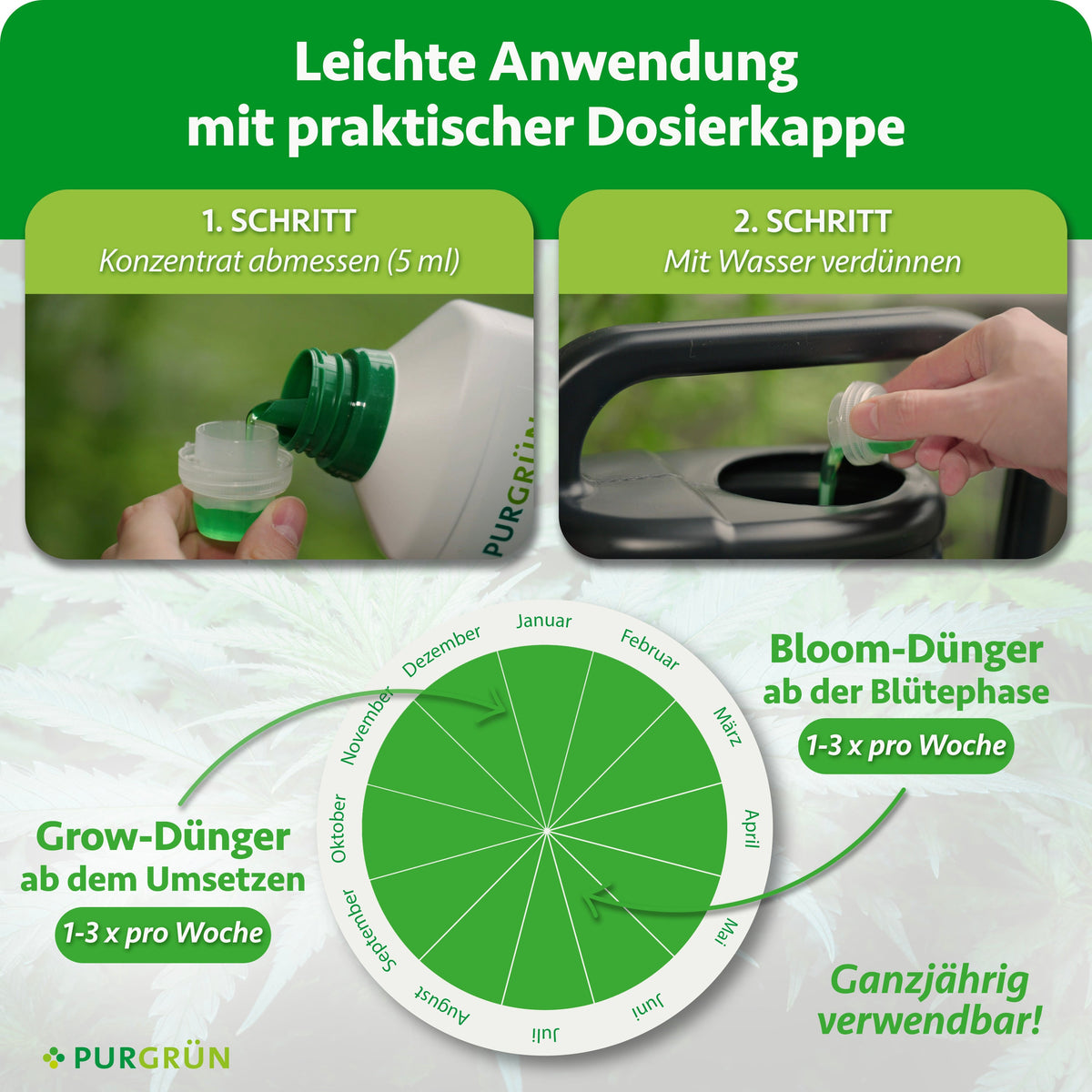 5 ml Konzentrat mit der Dosierkappe abmessen und mit Wasser verdünnen. Grow-Dünger ab dem Umsetzen und Bloom-Dünger ab der Blütephase jeweils 1–3-mal pro Woche, ganzjährig.