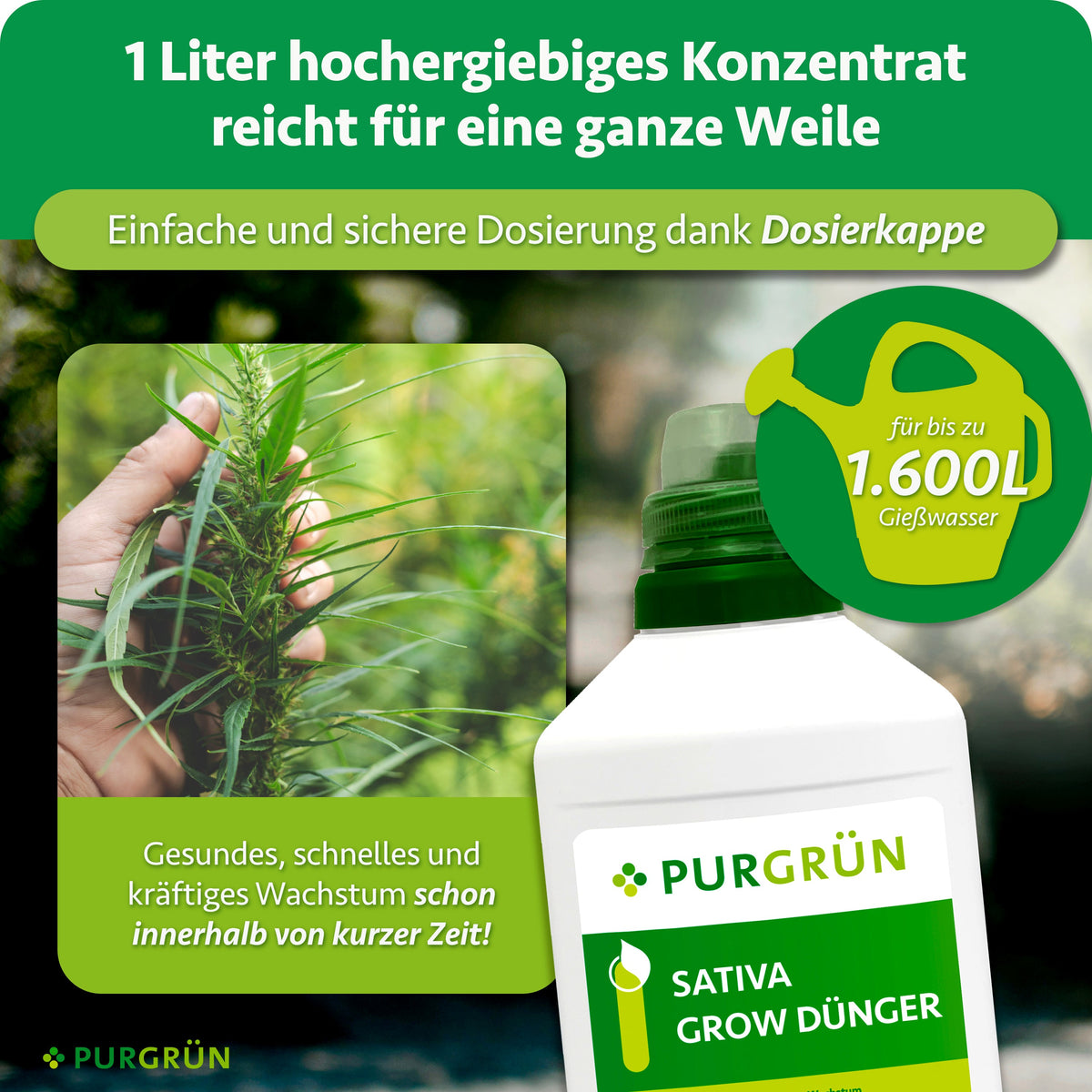 1 Liter Konzentrat reicht für bis zu 1.600 Liter Gießwasser; die Dosierkappe ermöglicht eine einfache und sichere Dosierung.