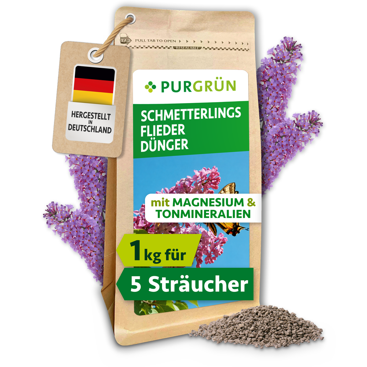 Purgrün Schmetterlingsflieder-Dünger, 1 kg, im wiederverschließbaren Papierbeutel mit sichtbarem Granulat.