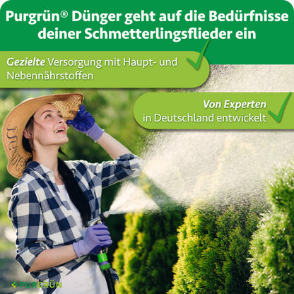 Purgrün Schmetterlingsflieder-Dünger: gezielte Versorgung mit Haupt- und Nebennährstoffen, von Experten in Deutschland entwickelt.