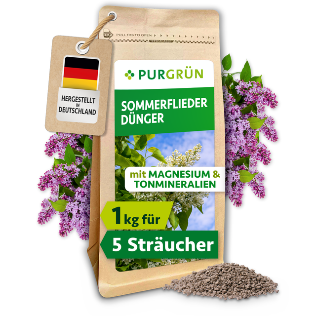 Purgrün Sommerflieder-Dünger im 1-kg-Standbeutel, mit sichtbarem Granulat und Sommerfliederblüten.