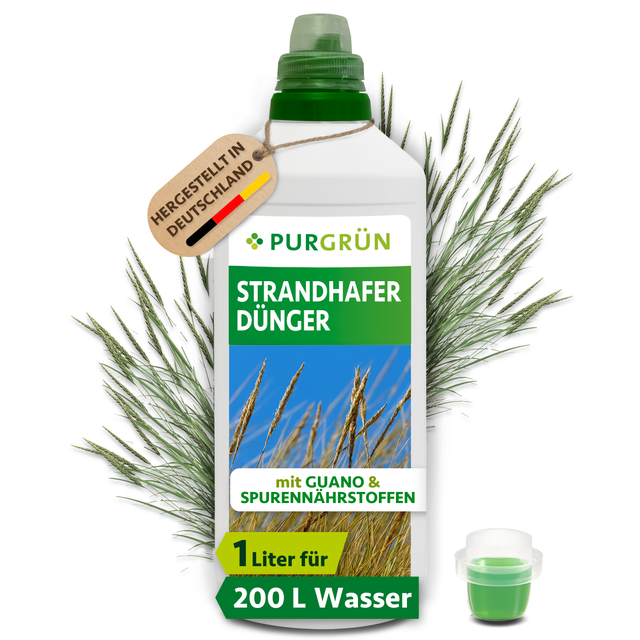 Purgrün Strandhafer-Dünger in der 1-Liter-Flasche mit Dosierkappe, hergestellt in Deutschland und ausreichend für ca. 200 Liter Gießwasser.