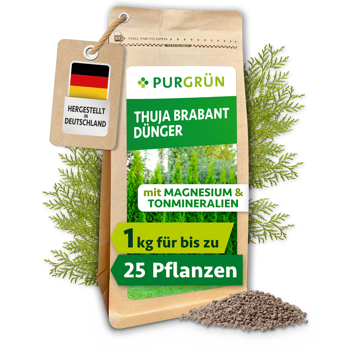 Purgrün Thuja-Brabant-Dünger im 1-kg-Beutel, mit Magnesium und Tonmineralien, für bis zu 25 Heckenpflanzen.